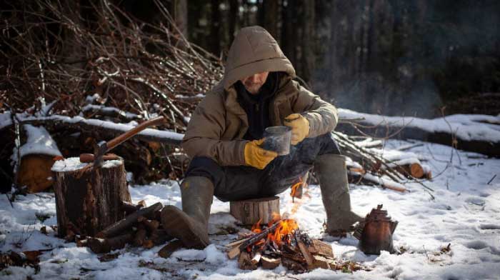 冬キャンプ　服装　焚き火